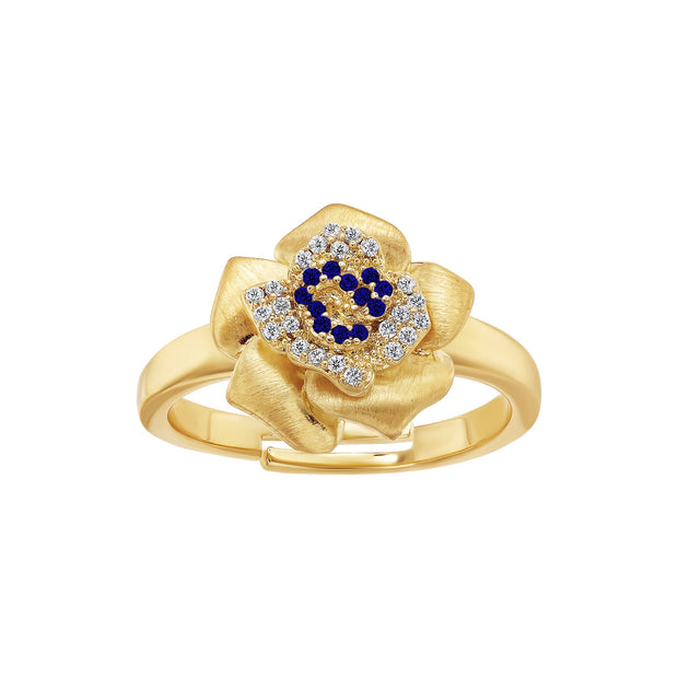 Ruffled CZ Flower Ring in Blue