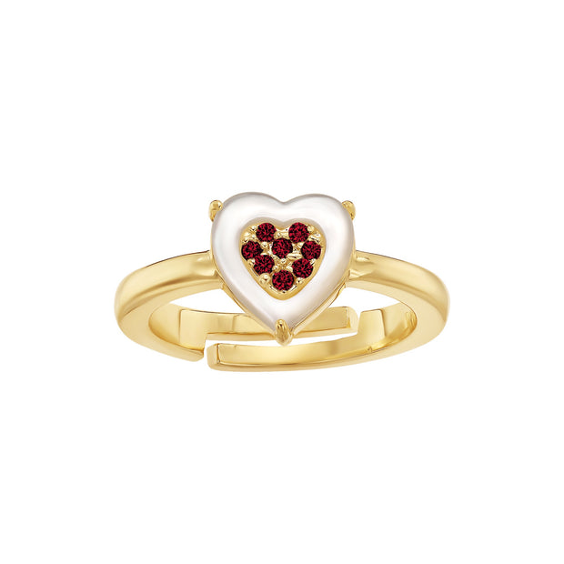 Red CZ-Filled Mother of Pearl Heart Adjustable Ring