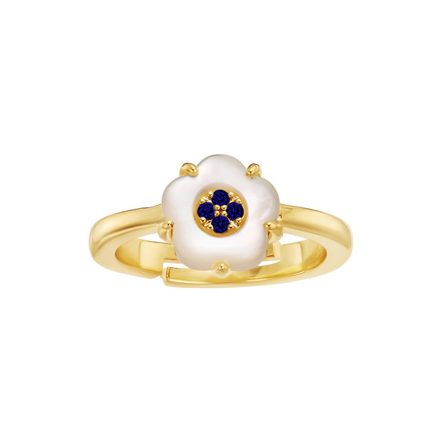 Blue CZ-Filled Mother of Pearl Flower Adjustable Ring
