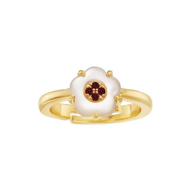 Red CZ-Filled Mother of Pearl Flower Adjustable Ring