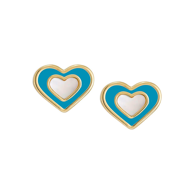 Small Mother-of-Pearl Enamel Heart Screw Stud Earring in Blue