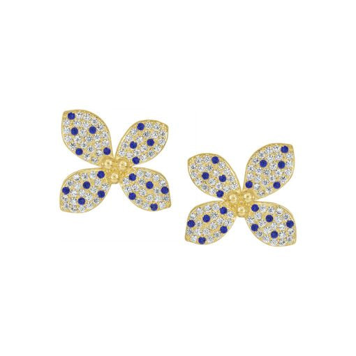 Classic CZ & Blue Pave Four Petal Flower Studs in Yellow Gold