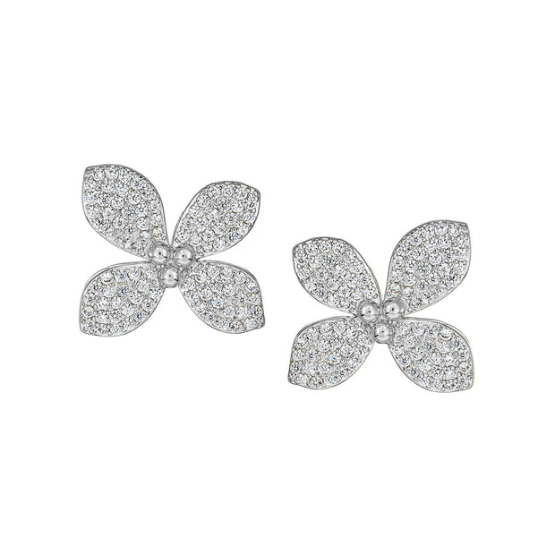 Classic CZ Pave Four Petal Flower Studs in White Gold