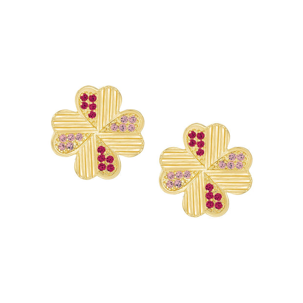 Heart Petals Clover Pink CZ Studs in Yellow Gold