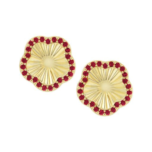 Pleated Flower with Red CZ Stud Earring