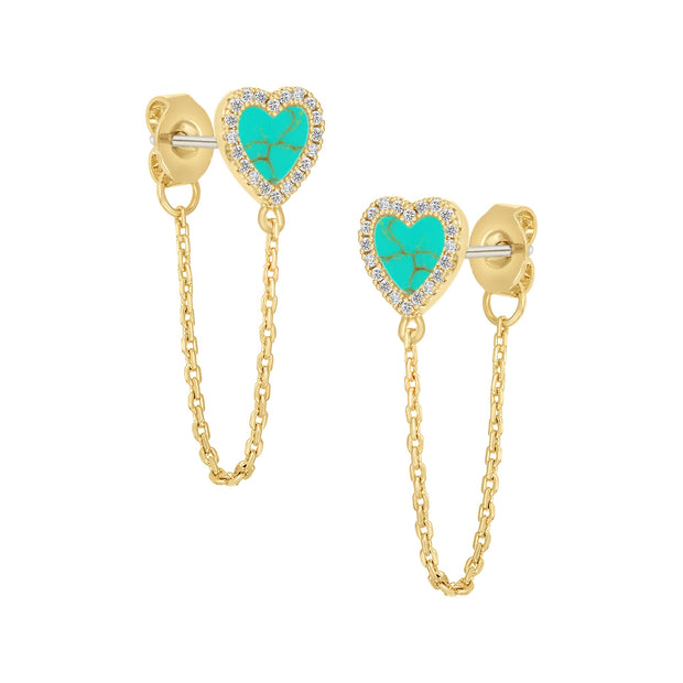 Mother-of-Pearl Heart Stud Chain Earring in Turquoise