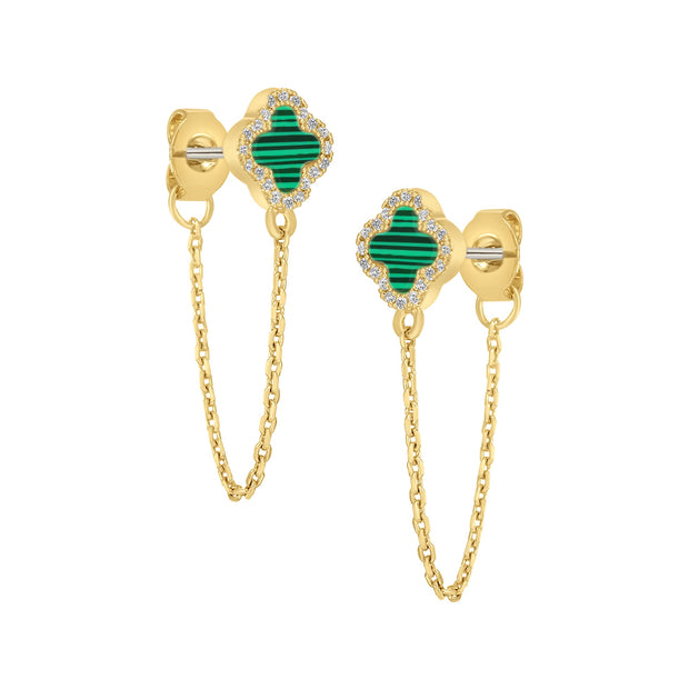 Mother-of-Pearl Clover Stud Chain Earring in Green