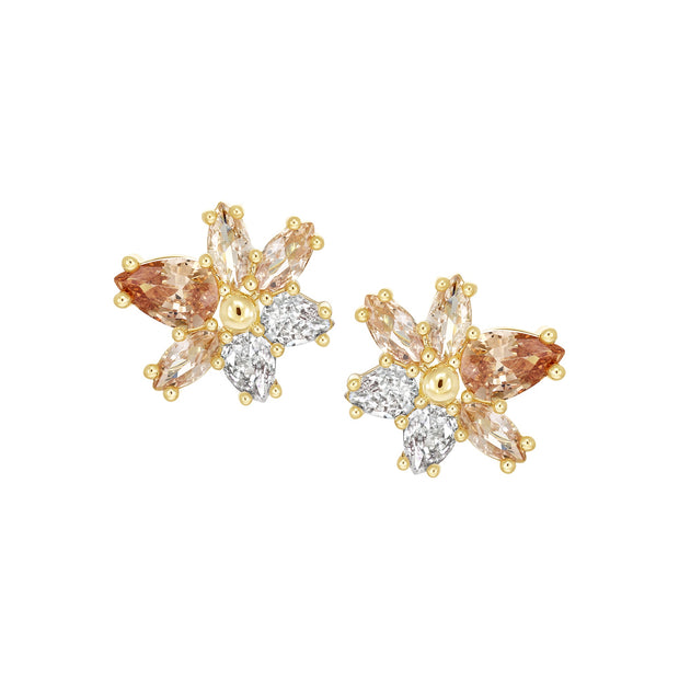 Mixed Champagne CZ Cuts Flower Stud Earring