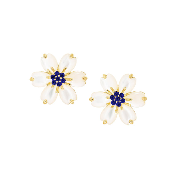 Puffed Mother-of-Pearl Blue CZ Flower Stud Earring