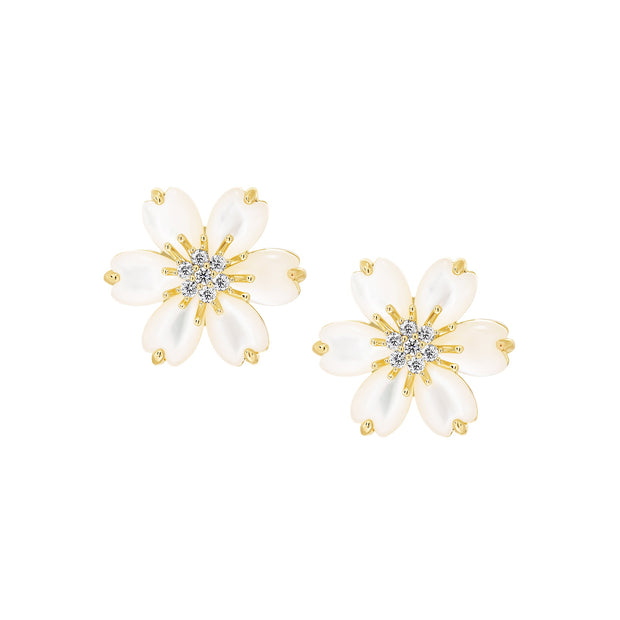 Puffed Mother-of-Pearl CZ Flower Stud Earring