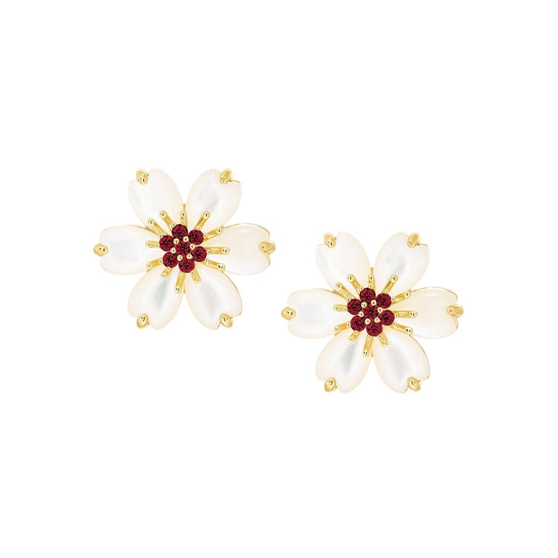 Puffed Mother-of-Pearl Ruby CZ Flower Stud Earring