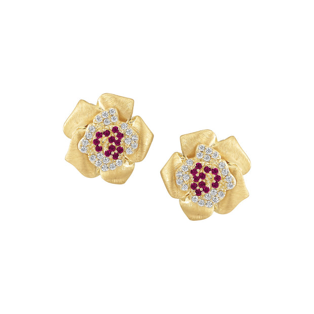 Ruffled Flower Studs in Fuchsia