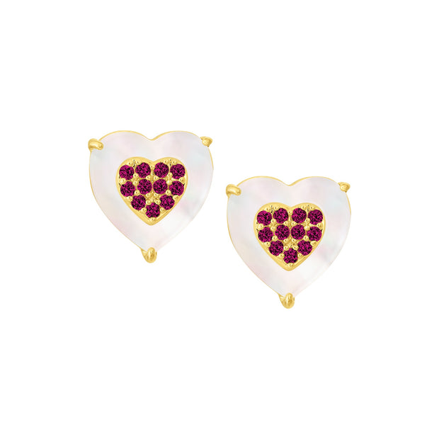 Fuchsia CZ-Filled Mother of Pearl Heart Studs