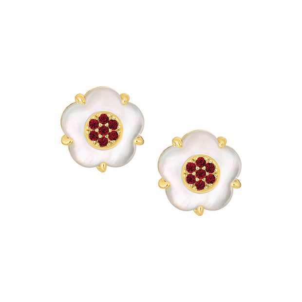 Red CZ-Filled Mother of Pearl Flower Studs