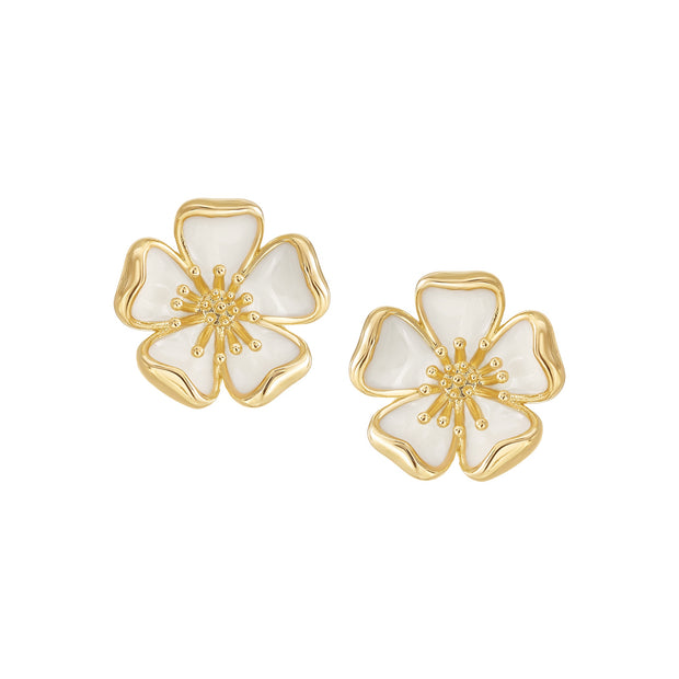 Curled Petals White Enamel Flower Studs