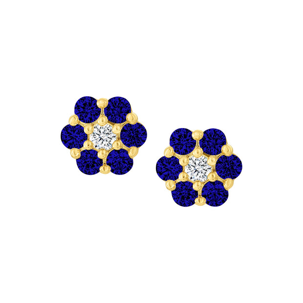 Seven Blue & CZ Stone Flower Studs in Yellow Gold