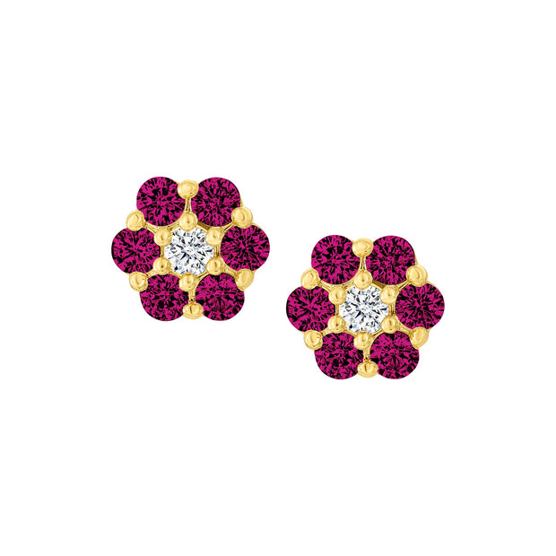 Seven Fuchsia & CZ Stone Flower Studs in Yellow Gold