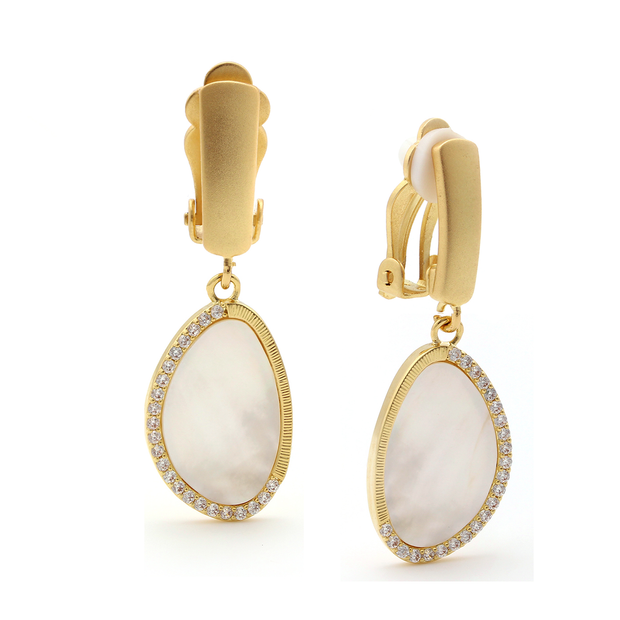 Half CZ Mother of Pearl Teardrop Matte Clip-On Earring in Yellow Gold