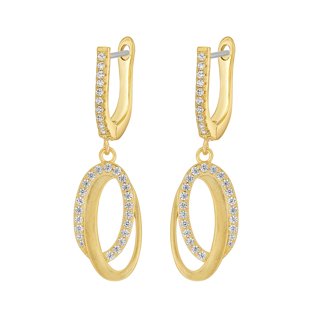 Brushed & CZ Oval Linked CZ U-Loop Earring