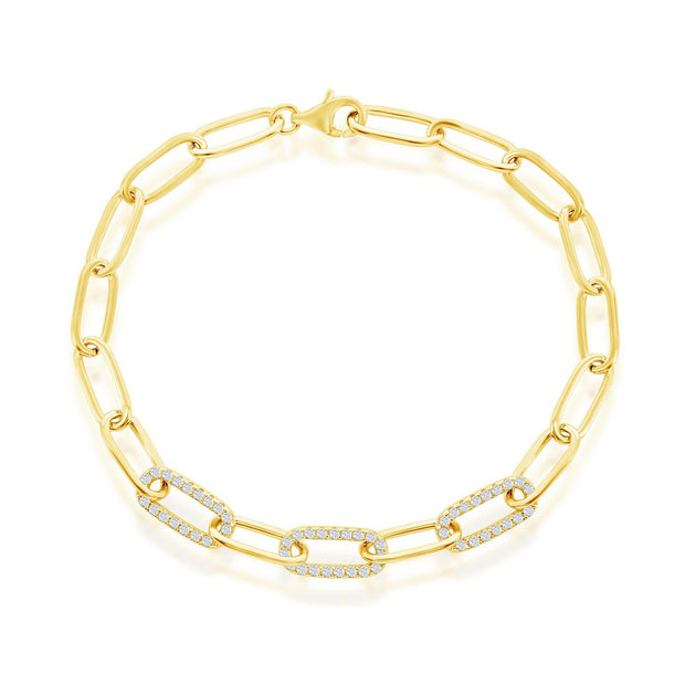 Three CZ Links Paperclip Bracelet in Yellow Gold