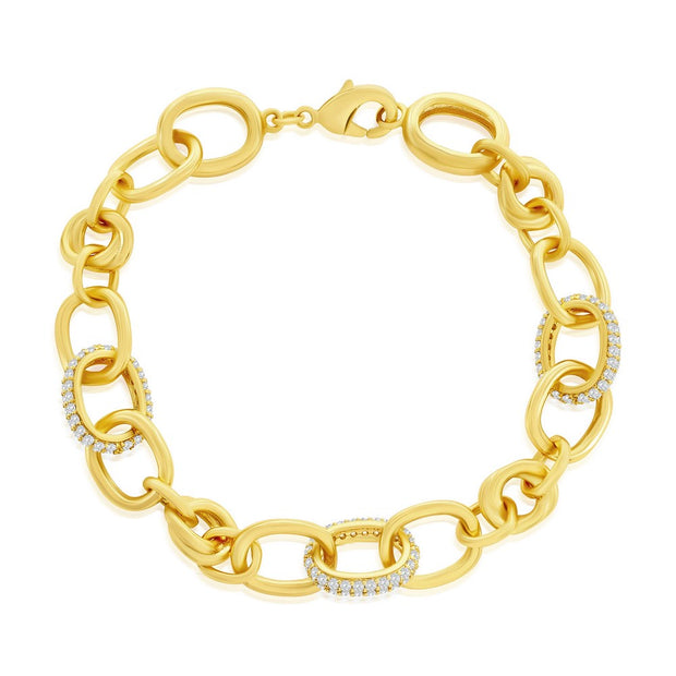 Micro Pave CZ & Polished Oval Linked Bracelet in Yellow Gold