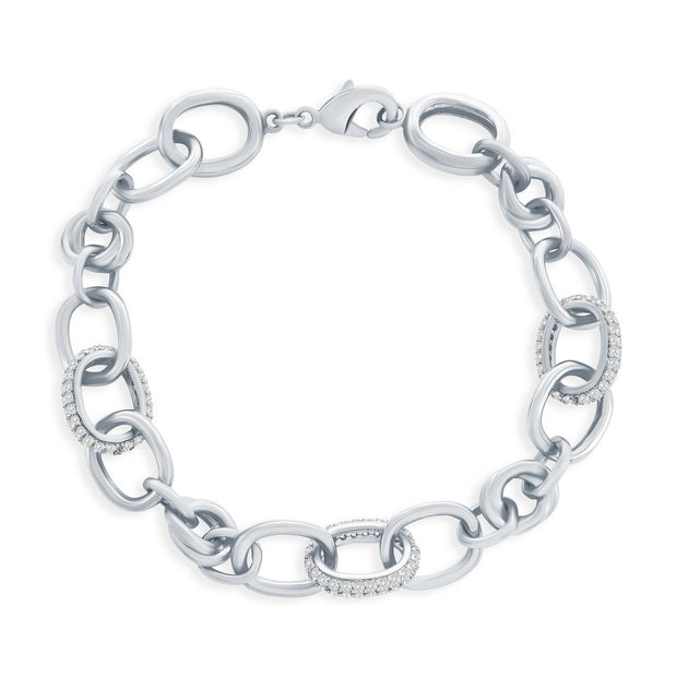Micro Pave CZ & Polished Oval Linked Bracelet in White Gold