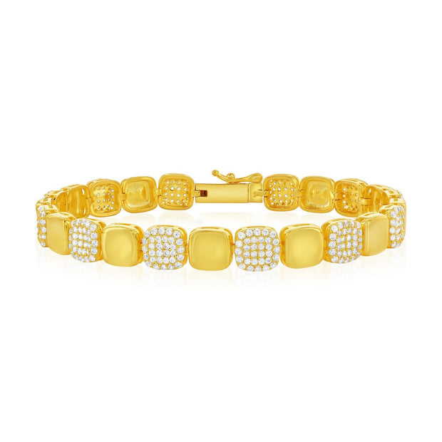 Alternating Polished & CZ Square Bracelet in Yellow Gold