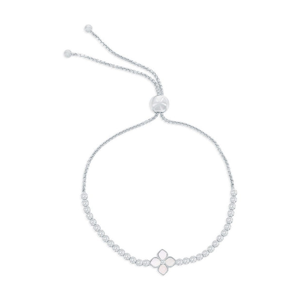 Flower MOP Center CZ Adjustable Bolo Bracelet in White Gold