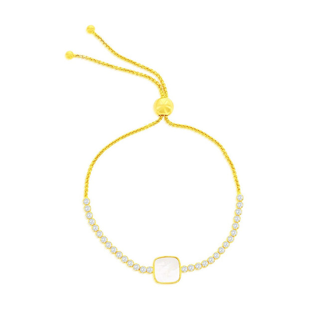 Square MOP Center CZ Adjustable Bolo Bracelet in Yellow Gold