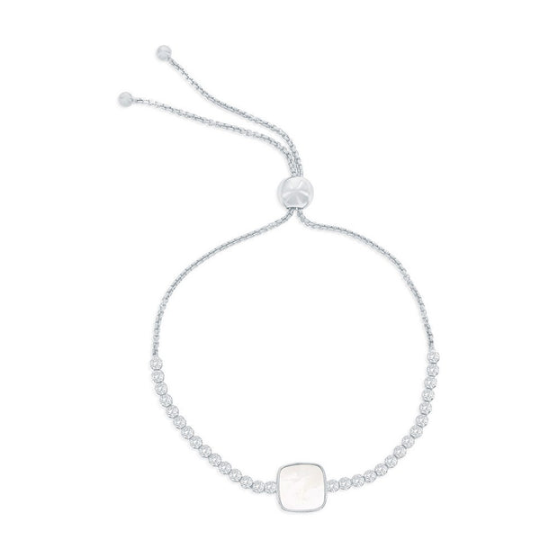 Square MOP Center CZ Adjustable Bolo Bracelet in White Gold