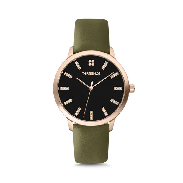 1302 Rose Gold Case/Black Dial Forest Green Band Watch