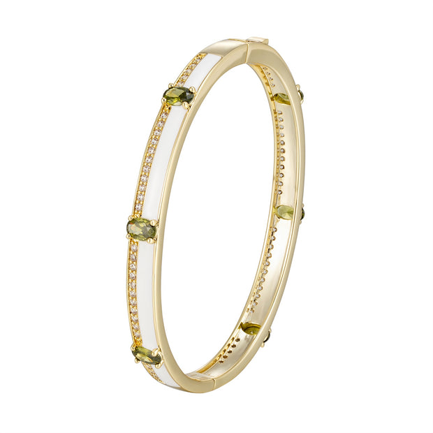 Gold Plated White Enamel with Cz and Emerald Oval Stone Bangle