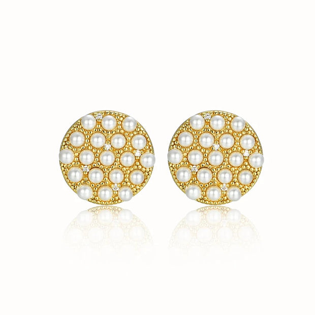 Pearl & CZ Pave Round Stud in Yellow Gold