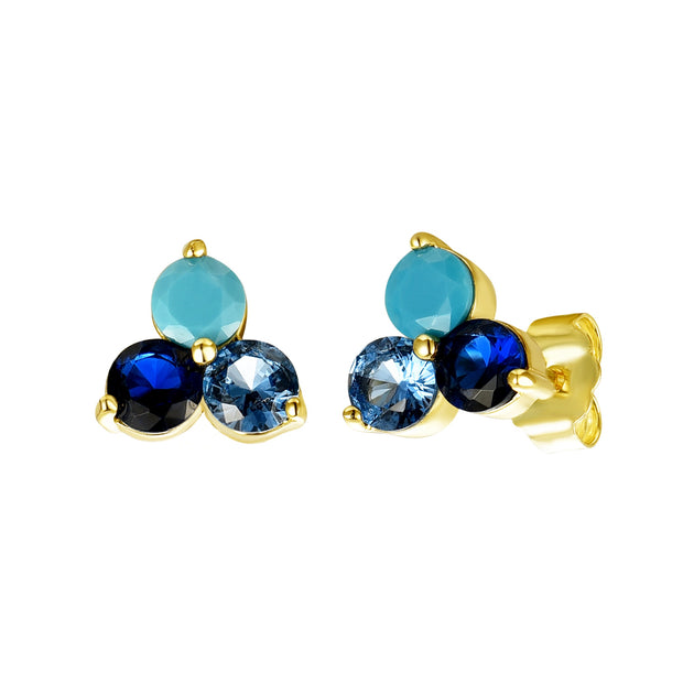 Triple Multi Blue Mix Studs in Yellow Gold