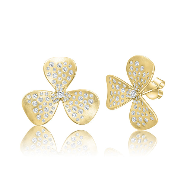Oversized Matted Three Petal CZ Scattered Floral Studs in Yellow Gold