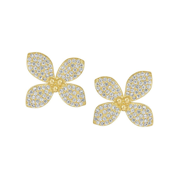 Classic CZ Pave Four Petal Flower Studs in Yellow Gold