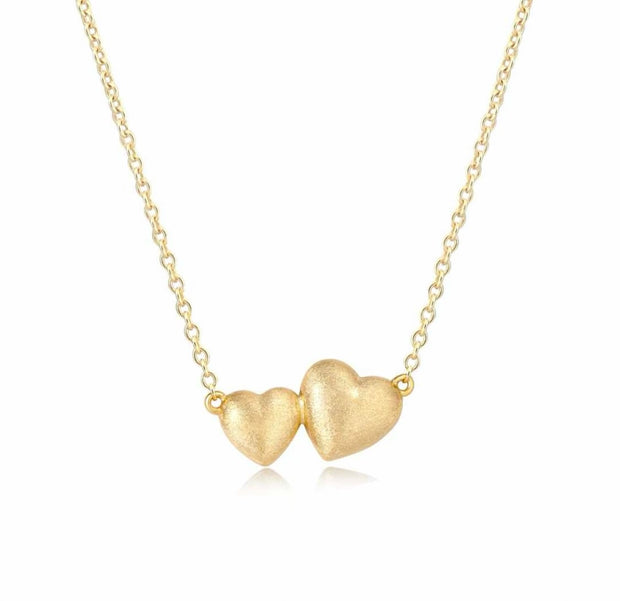 Double Matte Puffed Heart Pendant Necklace in Yellow Gold