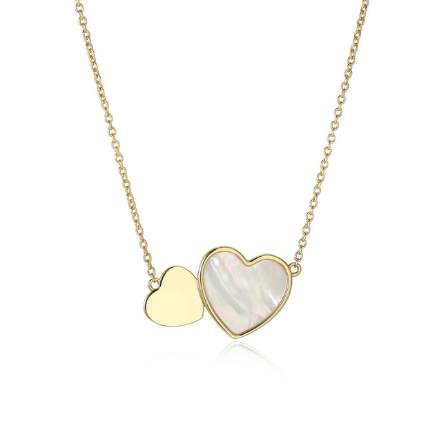 JJ Flat MOP & Polished Angled Double Heart Pendant in Yellow Gold
