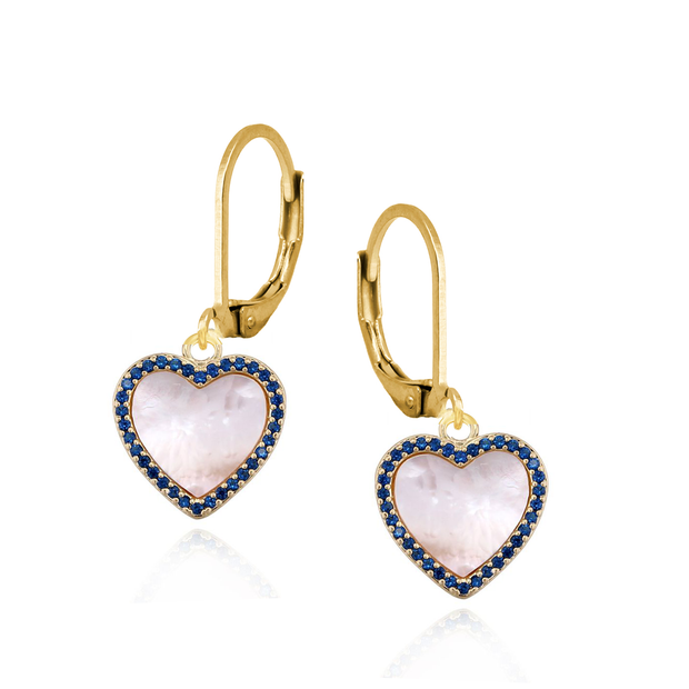 Large Mother of Pearl Blue CZ Heart Lever Earrings