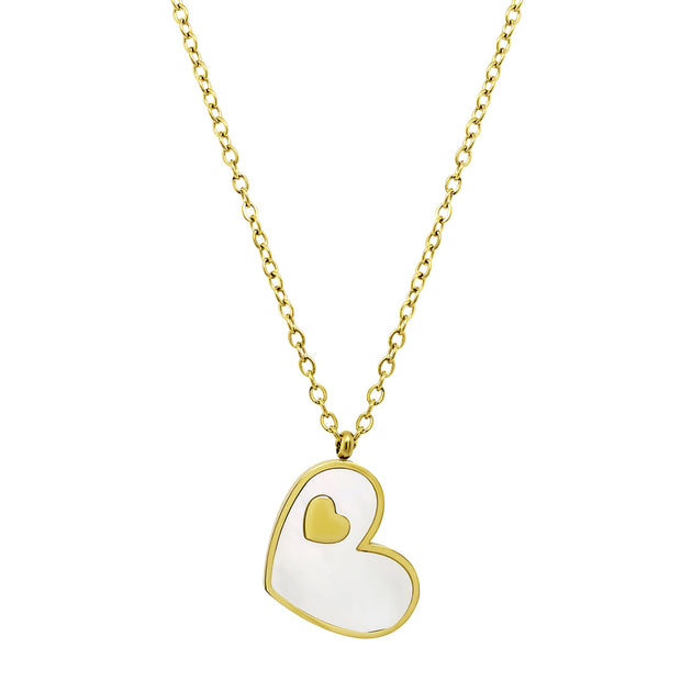 Mother-of Pearl Heart Necklace with Gold Shiny Heart Inlay