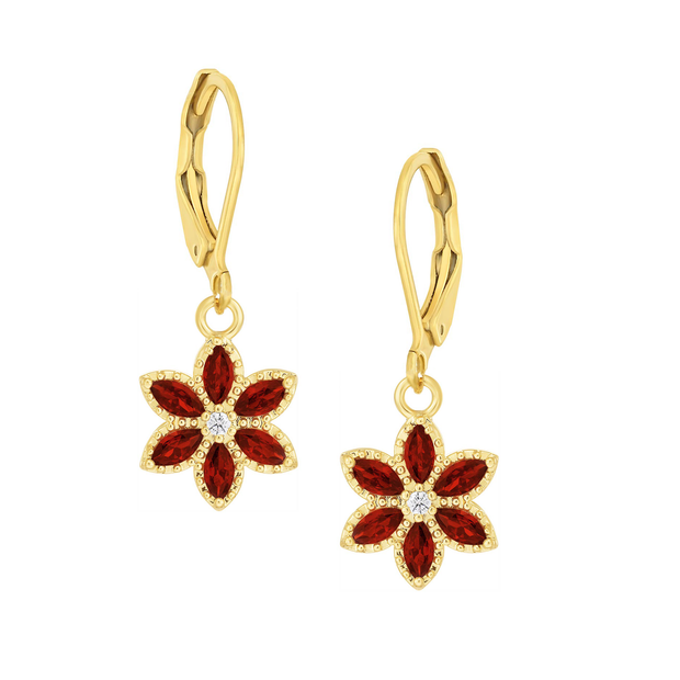 Pointy Red CZ Stone Flower Drop Lever Earrings