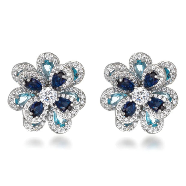 Blue Mix CZ Layered Large Flower Stud in White Gold