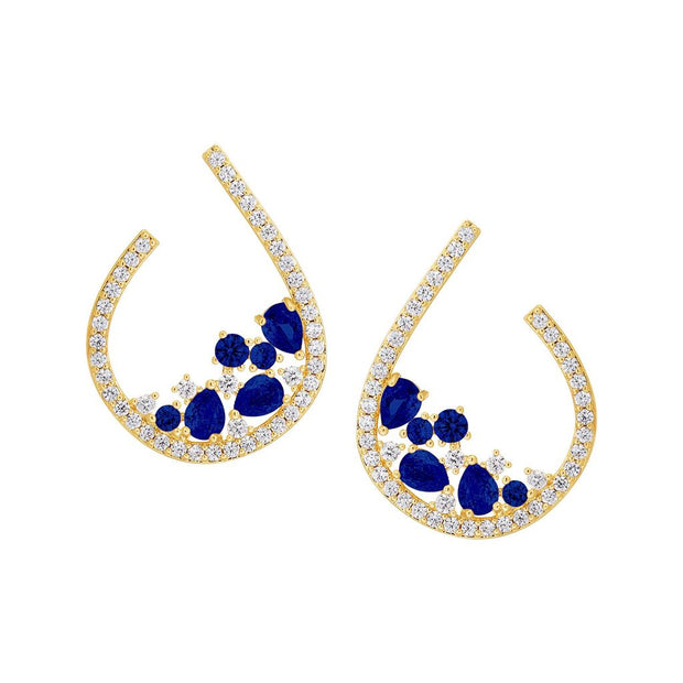 Blue CZ Cluster Open Teardrop Studs in Yellow Gold