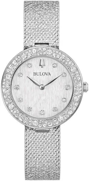 BULOVA Crystal Stainless Steel Mesh Watch in White Gold