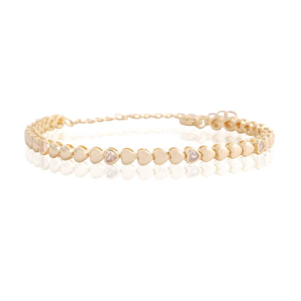 Polished & Six CZ Hearts Bracelet in Yellow Gold