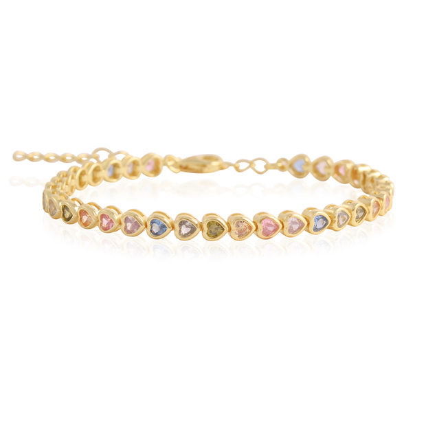 Multi-Color CZ Bezel Hearts Bracelet in Yellow Gold