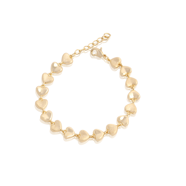 Matte & Polished Bent Hearts Bracelet in Yellow Gold