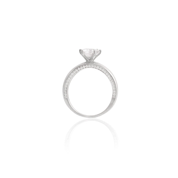 Oval CZ Thick Band Engagement Ring in White Gold