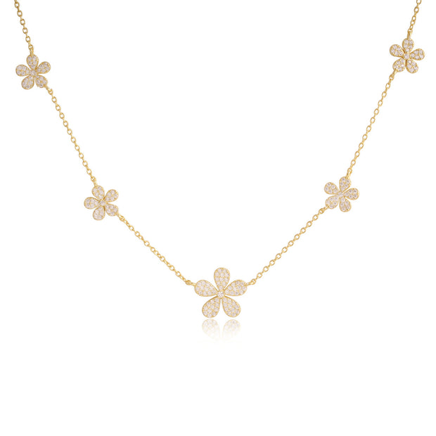 Graduating Pave Flowers Interval Necklace in Yellow Gold