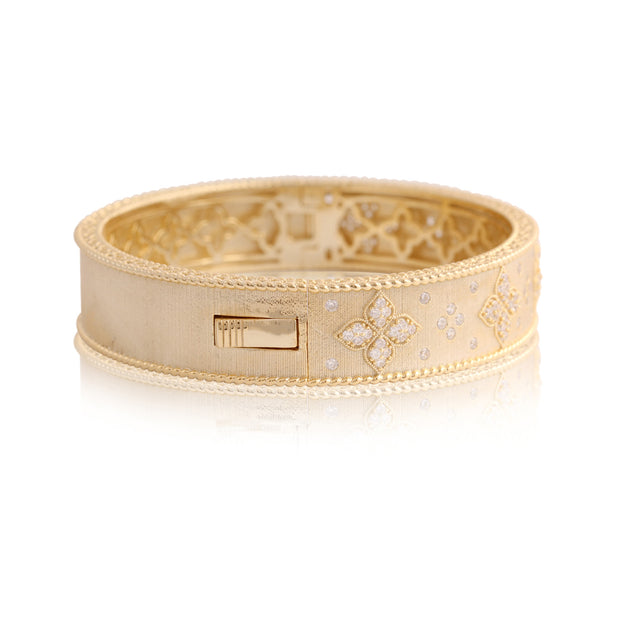 CZ Floral Design Thick Brushed Bangle in Yellow Gold